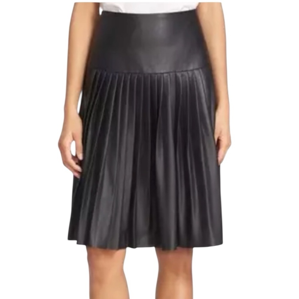 LN Rebecca Taylor Black Vegan Faux Leather Pleated A-Line Midi Skirt - 8